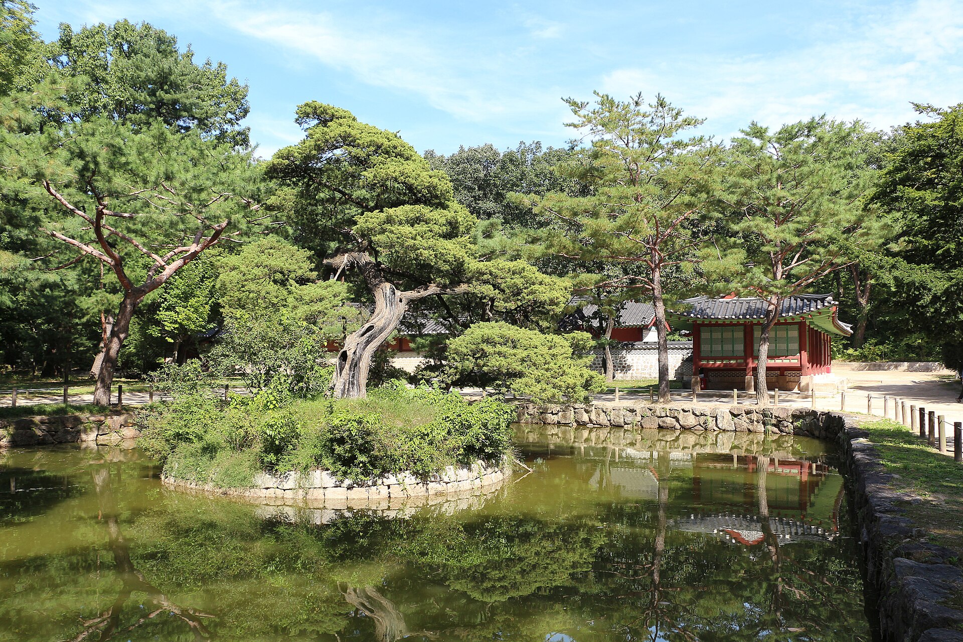 An archival view of the pond and surrounding landscape.