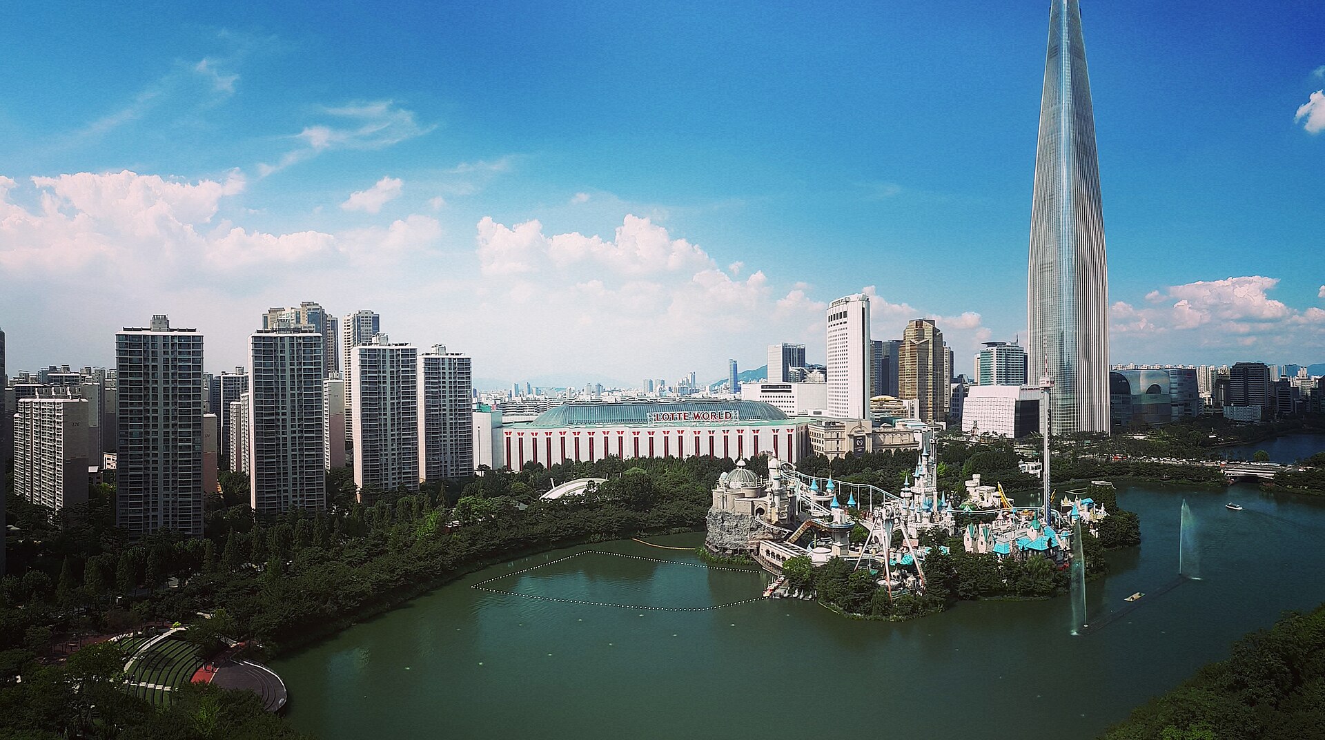 The lake viewed within its urban setting.