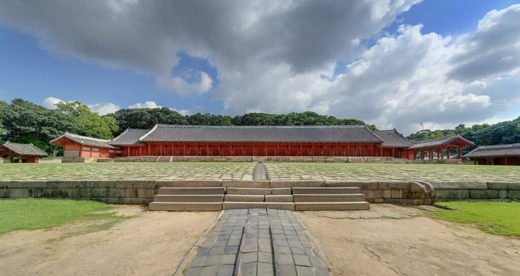 An archival wide view of Jeongjeon and its forecourt.