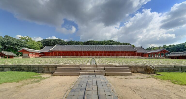 An archival wide view of Jeongjeon and its forecourt.