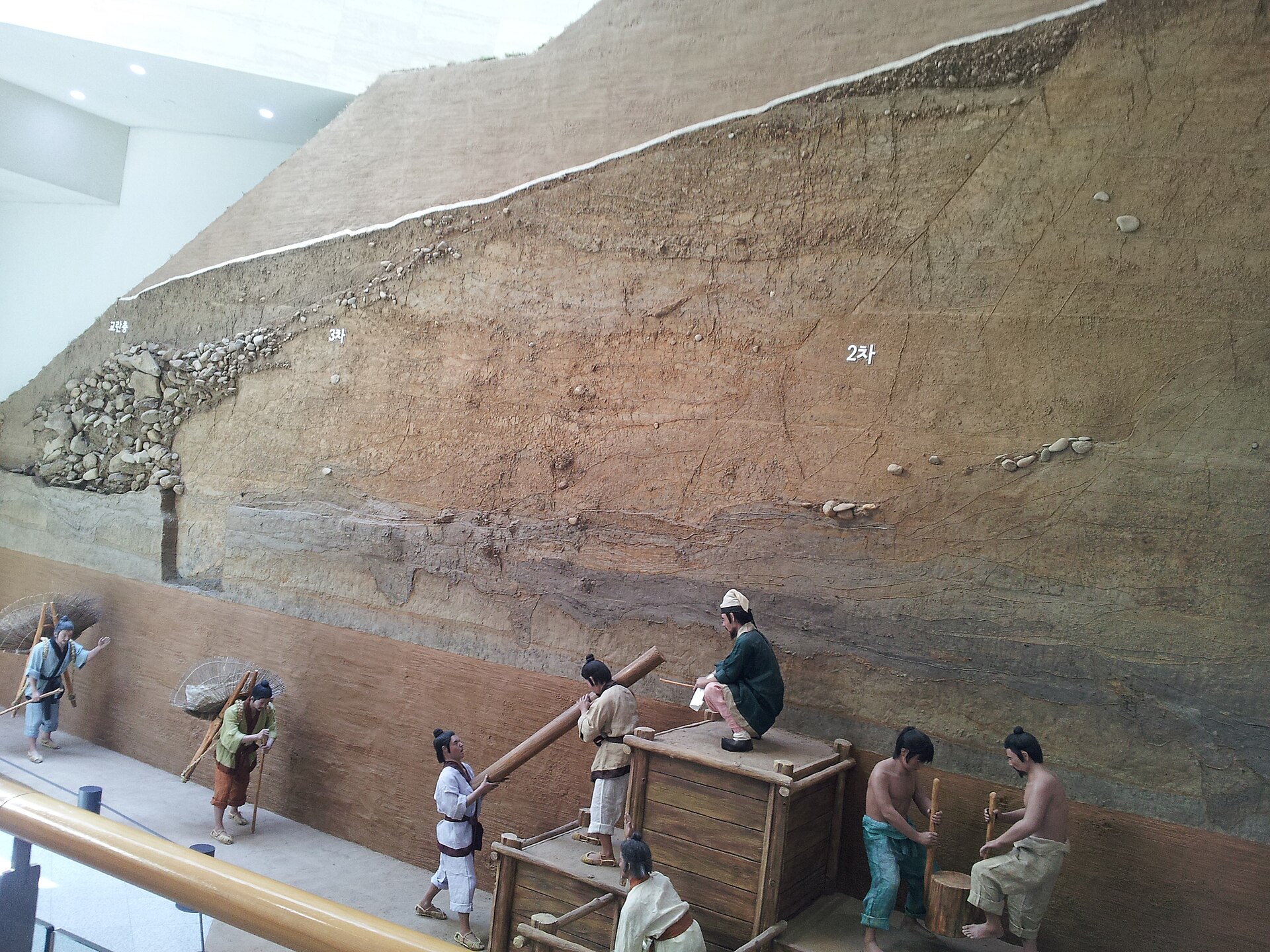 Historical earth-wall display photographed inside Seoul Baekje Museum in 2013