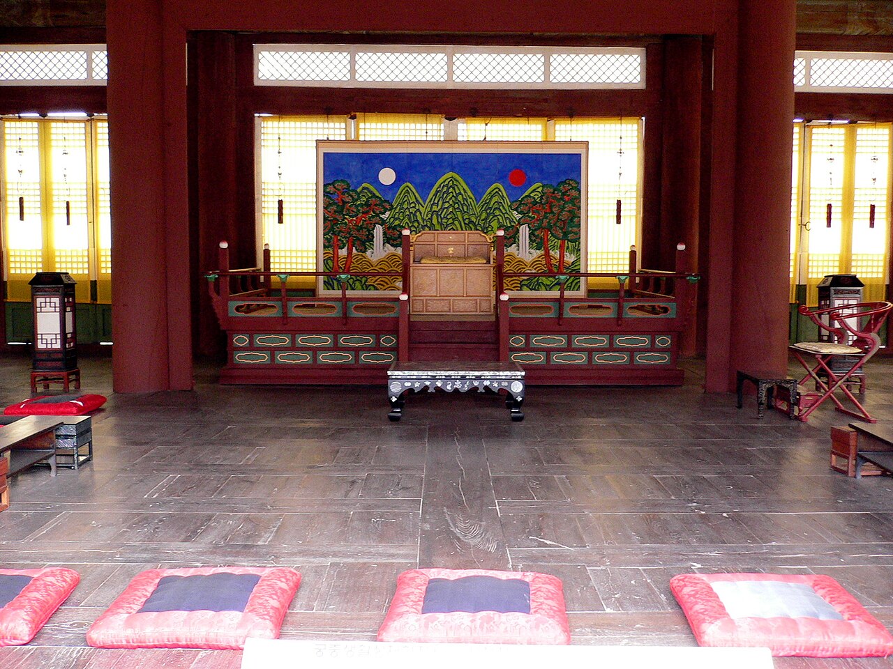Archival interior view of Sajeongjeon with a royal seat and painted screen